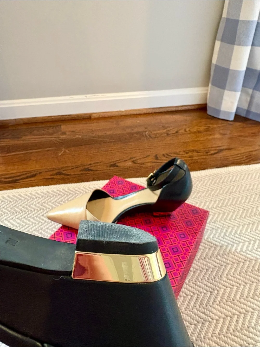 Tory Burch Nude and Black Pointed Leather Wedge Heels